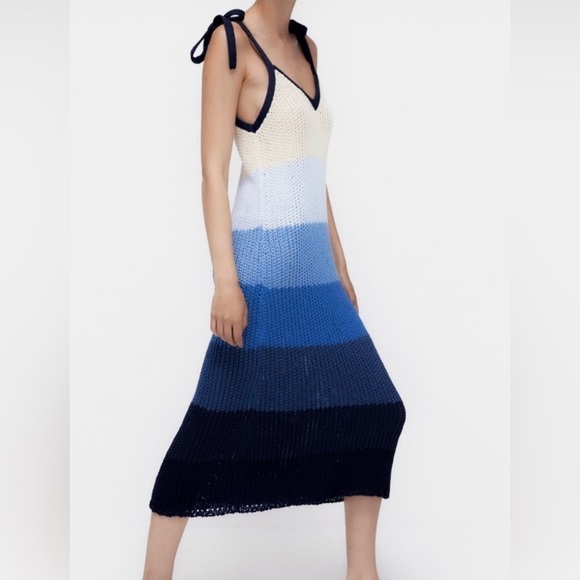 Zara Knit Blue and Cream Striped Sundress with Tie Spaghetti Straps - Picture 9 of 9